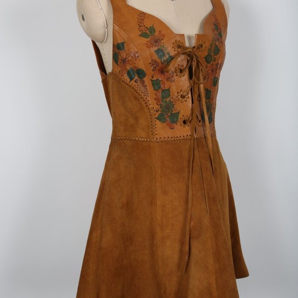 Vintage CHAR Leather Dress 70s Hippie Boho Handmade Hand Painted Florals - Picture 3 of 7